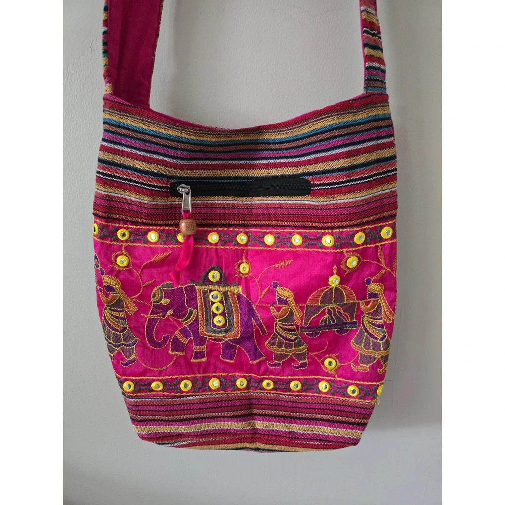 Pink 100% cotton embroidered elephant boho crossbody bag